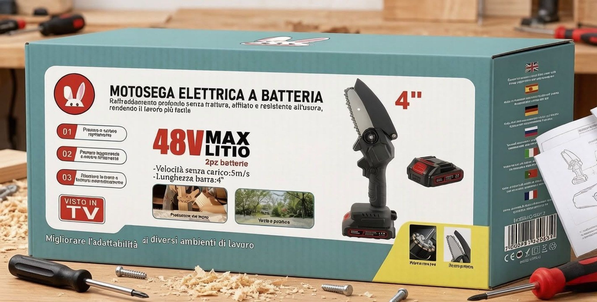 48 V-os mini akkumulátoros láncfűrész, 4", 2 akkumulátorral