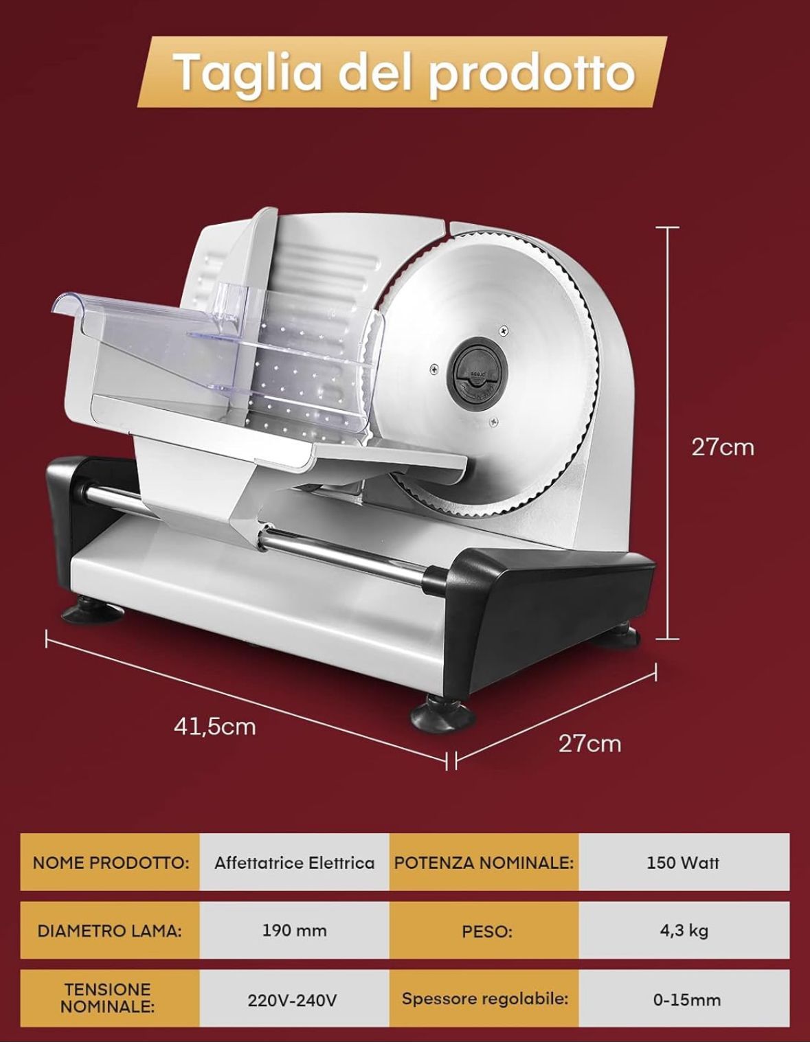 150 W elektromos ételszeletelő 190 mm-es rozsdamentes pengével (0–15 mm állítható)