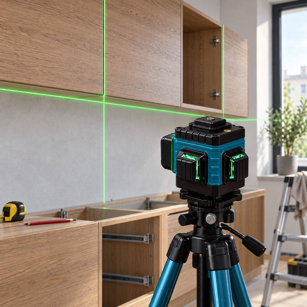3D zöld keresztlézer konyhaszekrények pontos beállításához