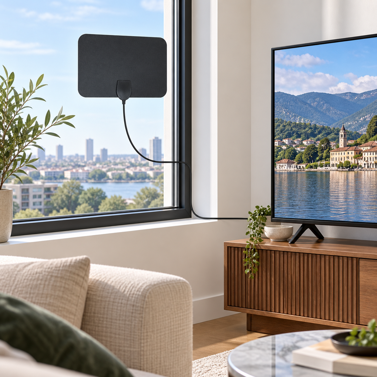 Beltéri digitális TV-antenna ablakra szerelve
