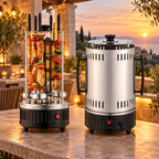 Elektromos függőleges grillsütő nyársakkal a teraszon