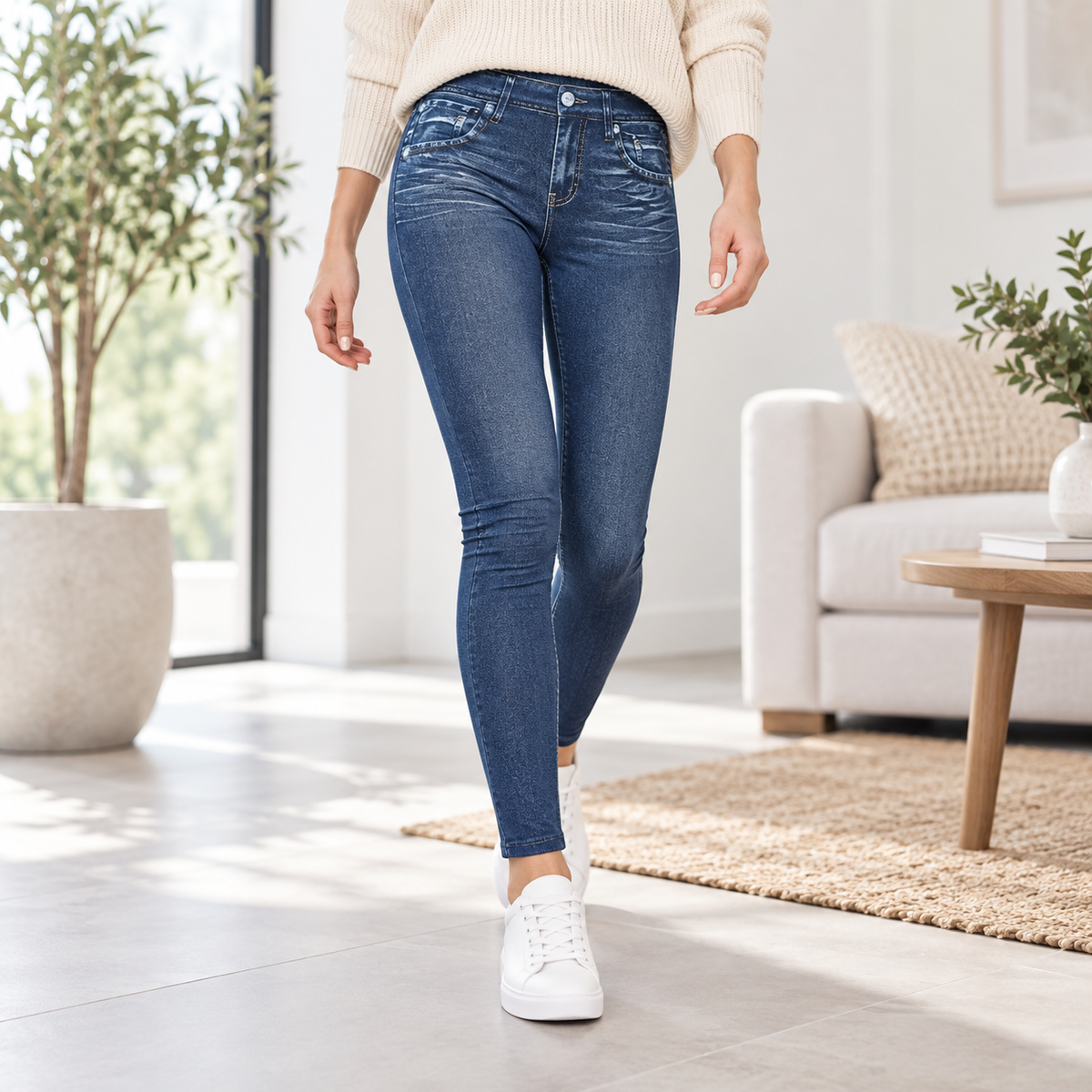 Kék rugalmas jeggings hétköznapi viseletben