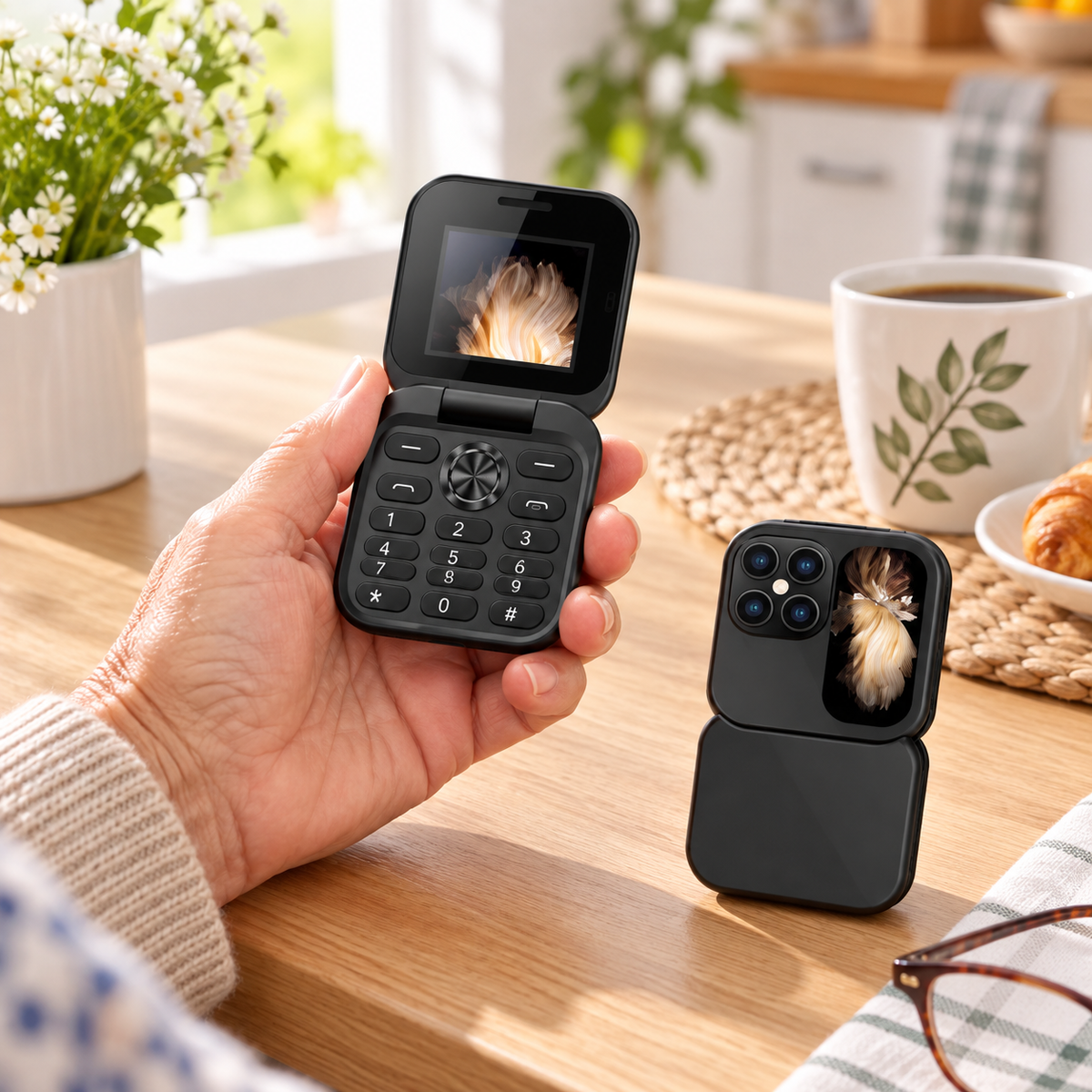 Mini kagylótelefon kézben tartva