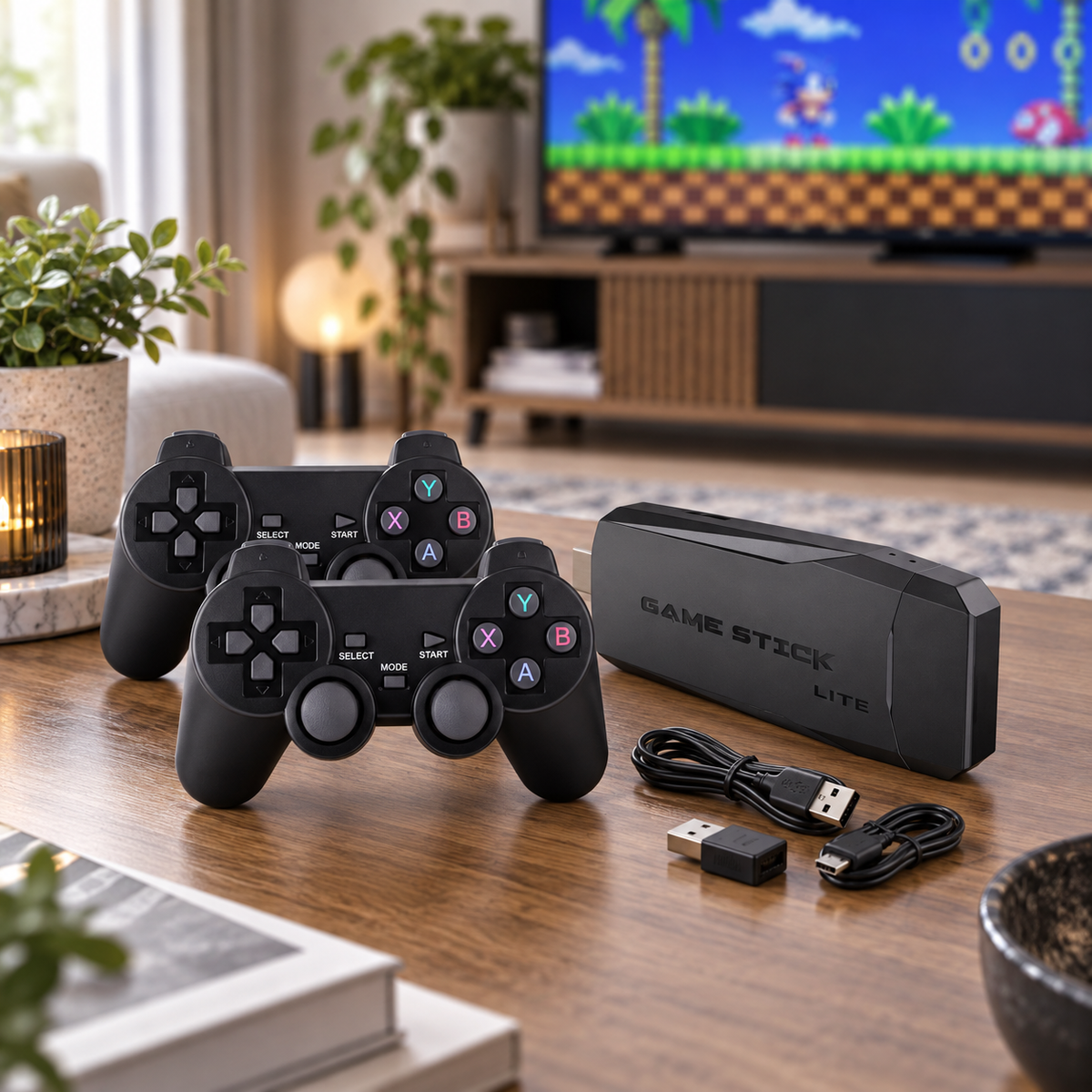 Game Stick Lite retro konzol két kontrollerrel a nappaliban