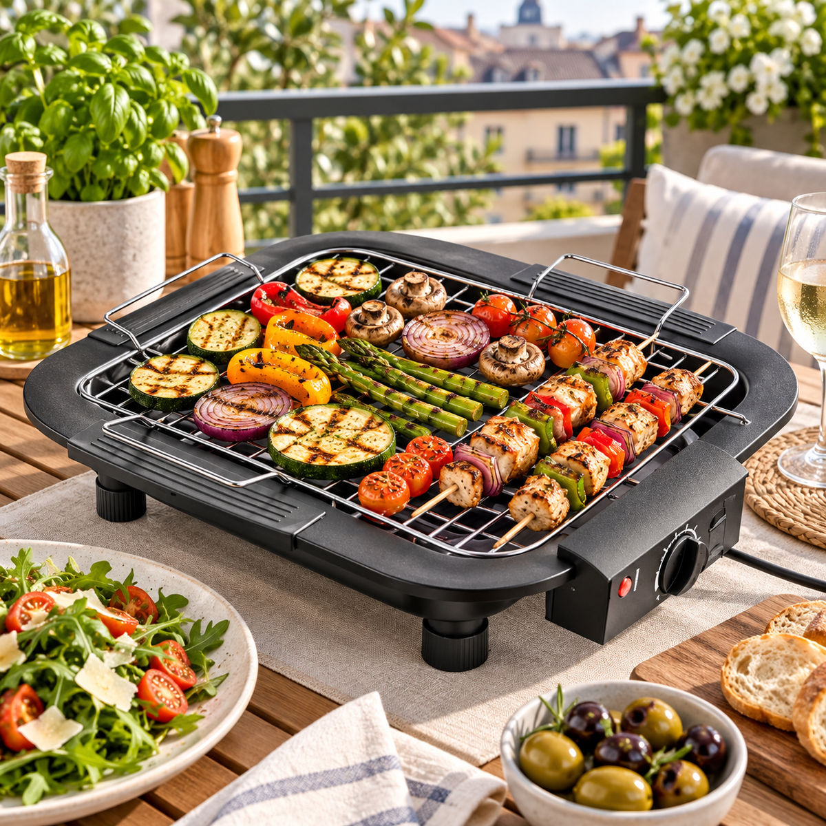 Elektromos asztali grillsütő használat közben az erkélyen