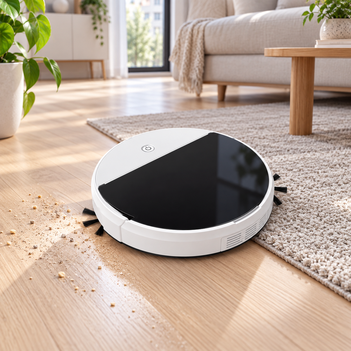 Robotporszívó és felmosó fapadló tisztítása közben